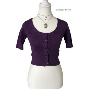 Y2K “SWS” Purple Cropped Knit Short Sleeve Button-up Top